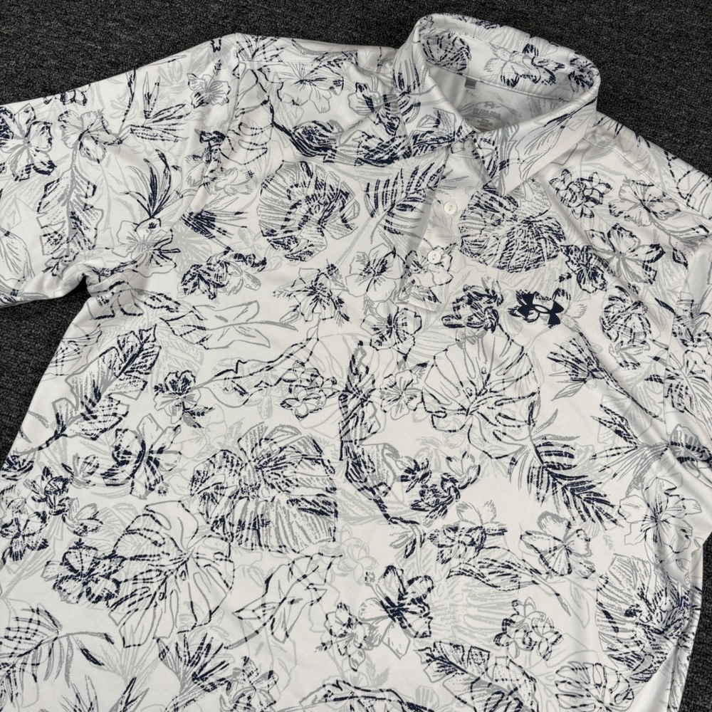 Under Armour Polo Mens LT White Floral Tropical Leaf Performance Golf Shirt